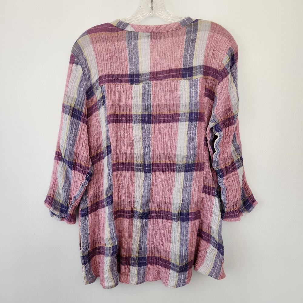 Habitat Top Womens L Pink Gray Plaid Crinkle Button Linen Blend Boho Chic Preppy - Picture 5 of 11